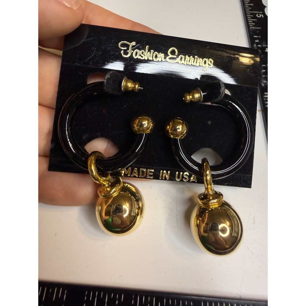 Vintage 80s Black Lucite Hoop Earrings Gold Orb Dangle Made in USA Retro Hoop